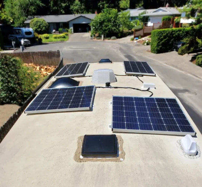 RV roof with solar panels installed